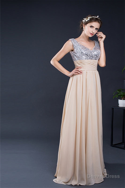 A Line V Neck Sleeveless Sequins Chiffon Floor Length Prom Dresses Secondary image
