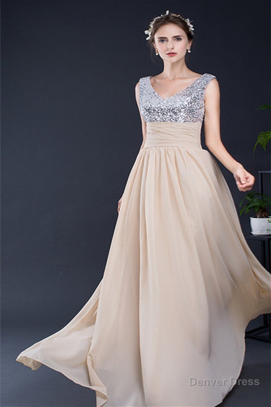 A Line V Neck Sleeveless Sequins Chiffon Floor Length Prom Dresses