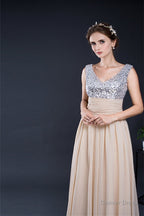 A Line V Neck Sleeveless Sequins Chiffon Floor Length Prom Dresses