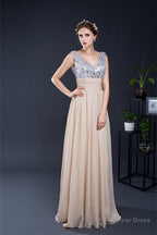 A Line V Neck Sleeveless Sequins Chiffon Floor Length Prom Dresses