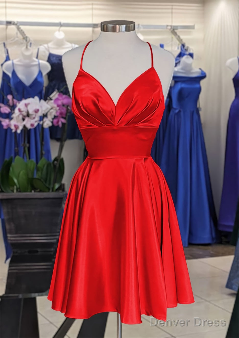 A Line V Neck Sleeveless Short Mini Charmeuse Homecoming Dresses with Pleated