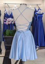 A Line V Neck Sleeveless Short Mini Charmeuse Homecoming Dresses with Pleated