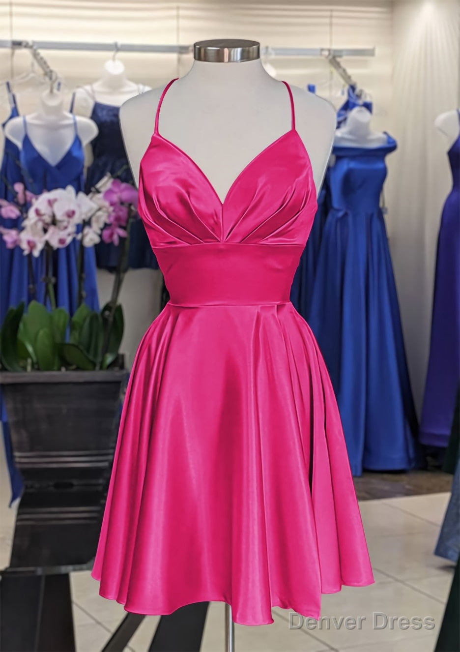 A Line V Neck Sleeveless Short Mini Charmeuse Homecoming Dresses with Pleated