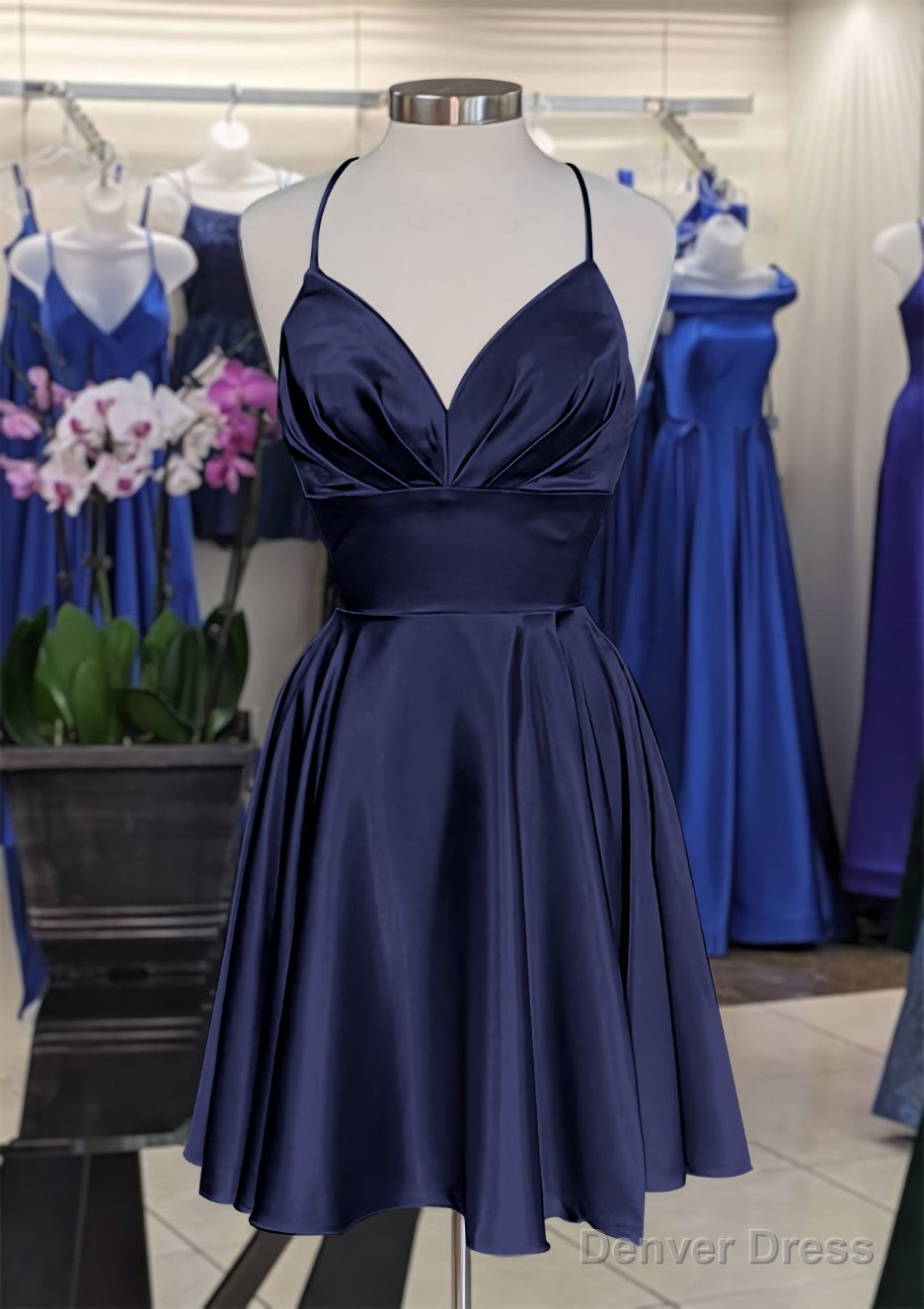 A Line V Neck Sleeveless Short Mini Charmeuse Homecoming Dresses with Pleated