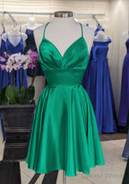 A Line V Neck Sleeveless Short Mini Charmeuse Homecoming Dresses with Pleated