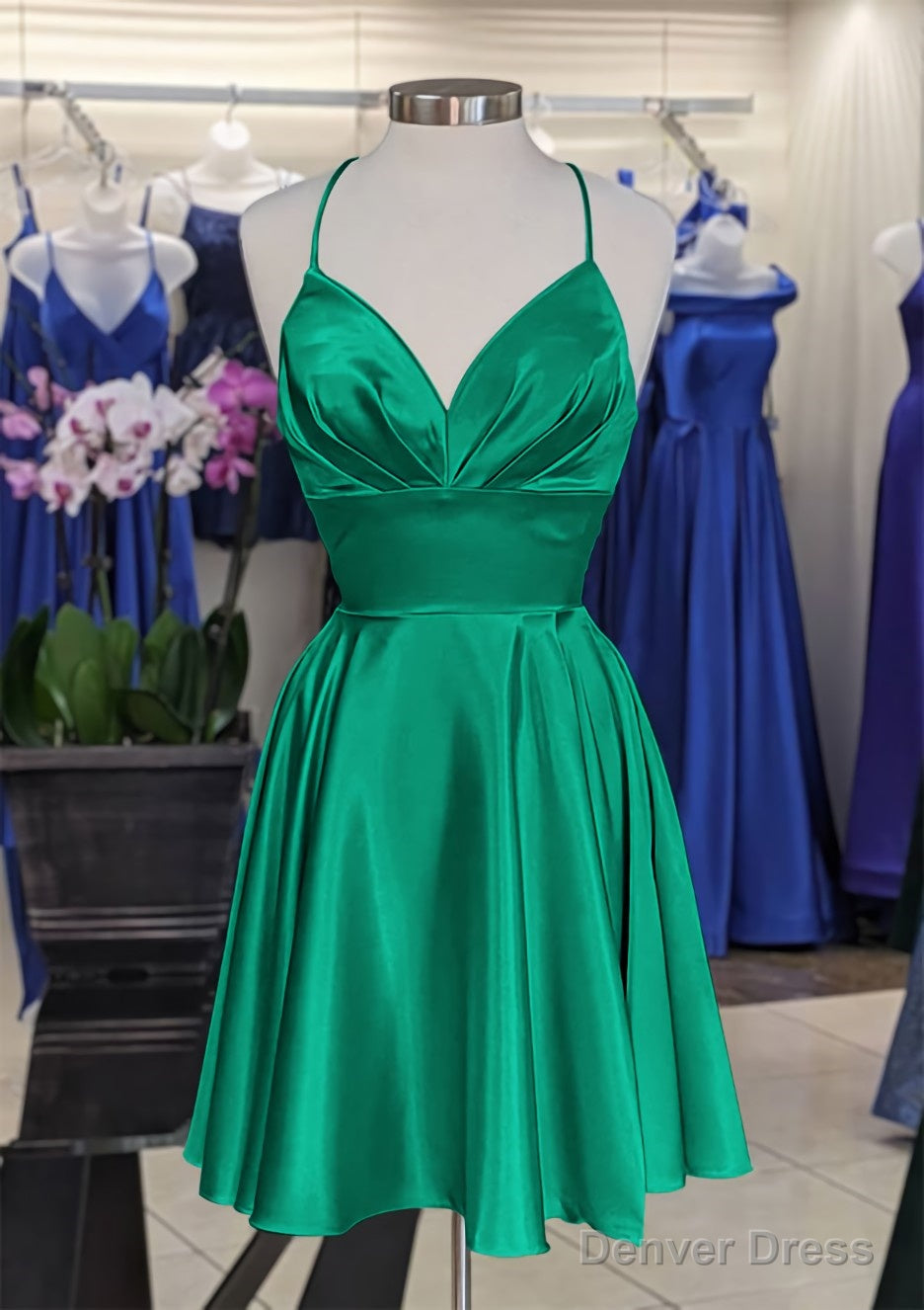 A Line V Neck Sleeveless Short Mini Charmeuse Homecoming Dresses with Pleated
