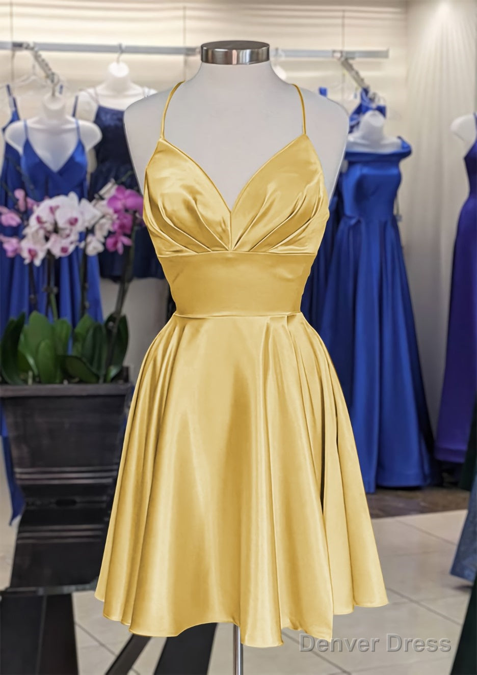 A Line V Neck Sleeveless Short Mini Charmeuse Homecoming Dresses with Pleated