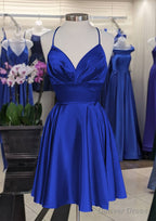 A-line V Neck Sleeveless Short/Mini Charmeuse Homecoming Dresses with Pleated
