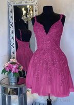 A Line V Neck Sleeveless Short Mini Tulle Homecoming Dresses with Appliqued Beading