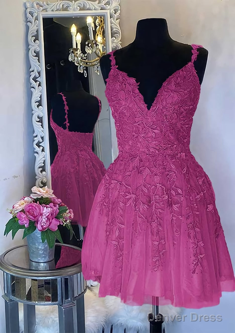 A Line V Neck Sleeveless Short Mini Tulle Homecoming Dresses with Appliqued Beading