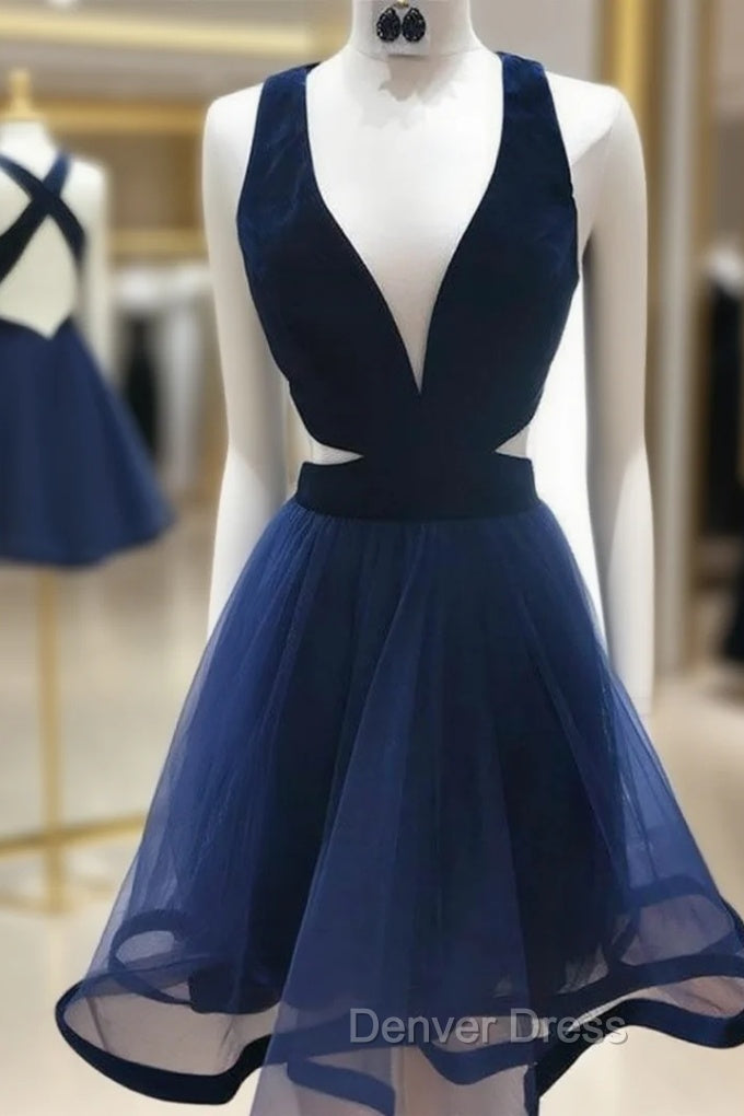 A Line V Neck Sleeveless Short Mini Tulle Homecoming Dresses