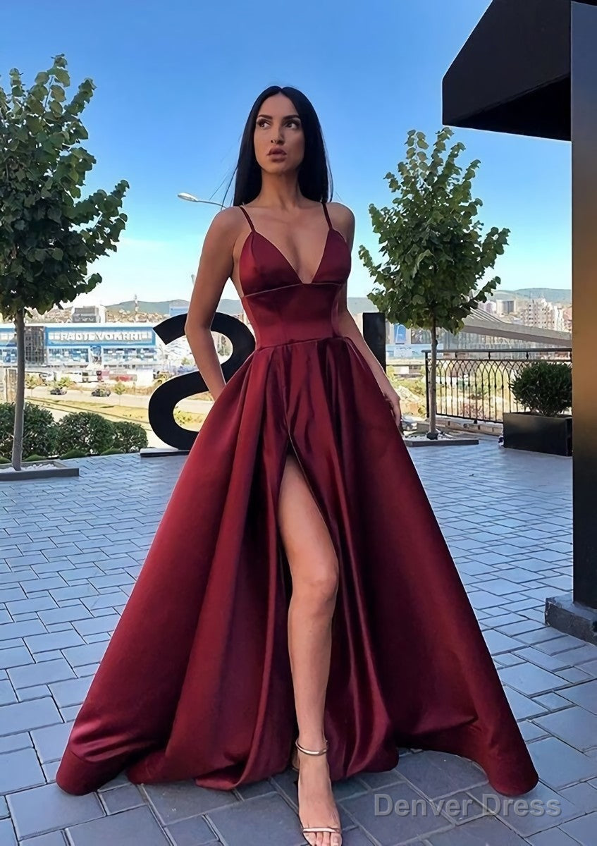 A Line V Neck Sleeveless Sweep Train Satin Prom Dresses