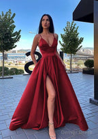 A Line V Neck Sleeveless Sweep Train Satin Prom Dresses