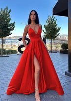 A Line V Neck Sleeveless Sweep Train Satin Prom Dresses