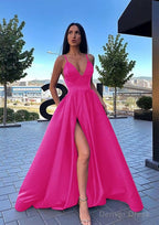 A Line V Neck Sleeveless Sweep Train Satin Prom Dresses