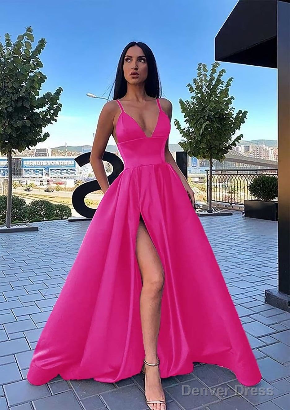 A Line V Neck Sleeveless Sweep Train Satin Prom Dresses