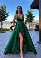 A Line V Neck Sleeveless Sweep Train Satin Prom Dresses