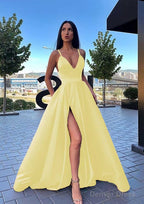 A Line V Neck Sleeveless Sweep Train Satin Prom Dresses