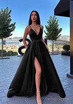 A Line V Neck Sleeveless Sweep Train Satin Prom Dresses