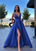 A Line V Neck Sleeveless Sweep Train Satin Prom Dresses
