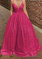 A Line V Neck Sleeveless Sweep Train Sequined Prom Dresses with Pockets