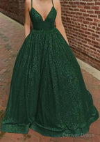 A Line V Neck Sleeveless Sweep Train Sequined Prom Dresses with Pockets