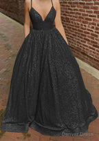 A Line V Neck Sleeveless Sweep Train Sequined Prom Dresses with Pockets
