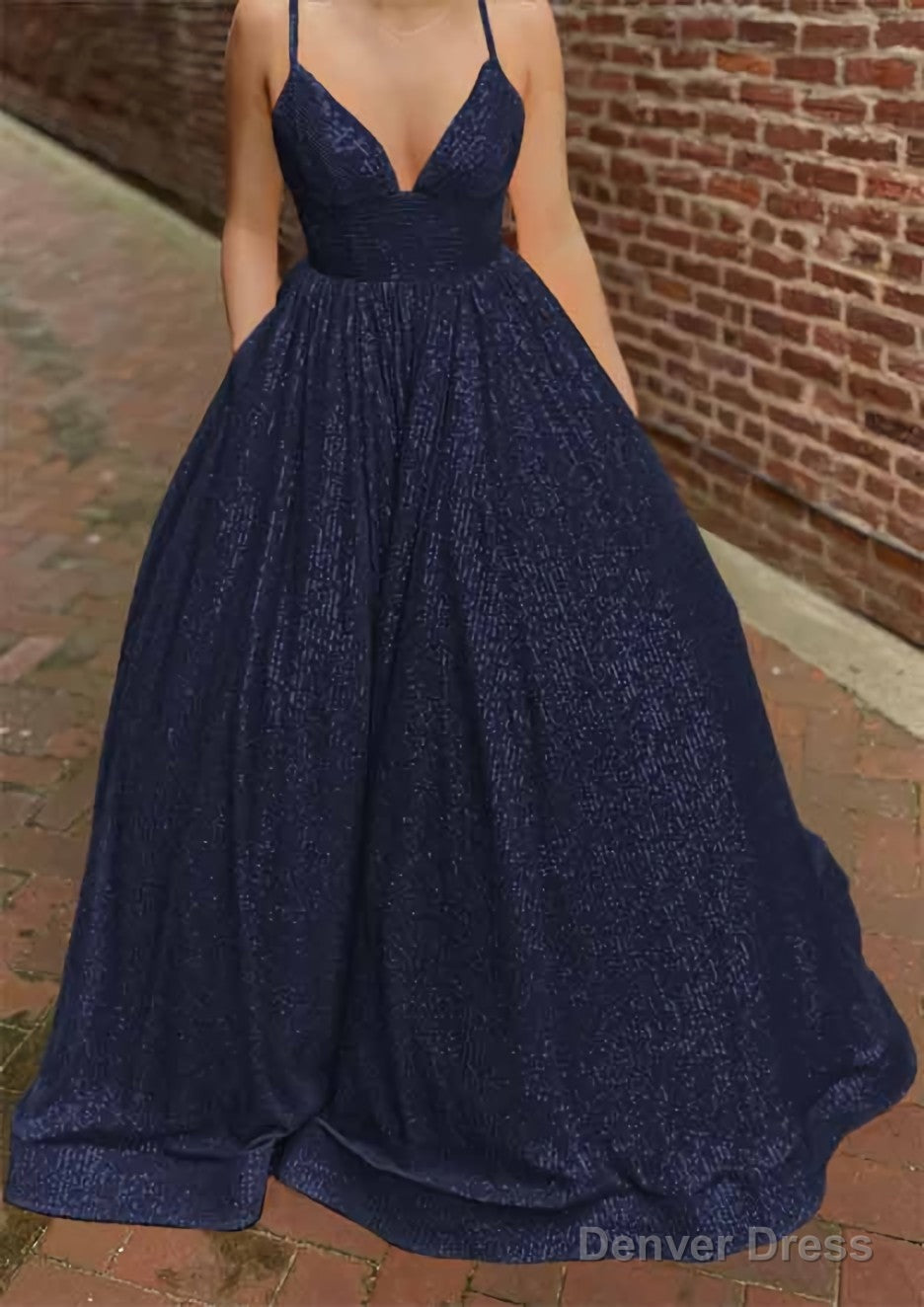 A Line V Neck Sleeveless Sweep Train Sequined Prom Dresses with Pockets
