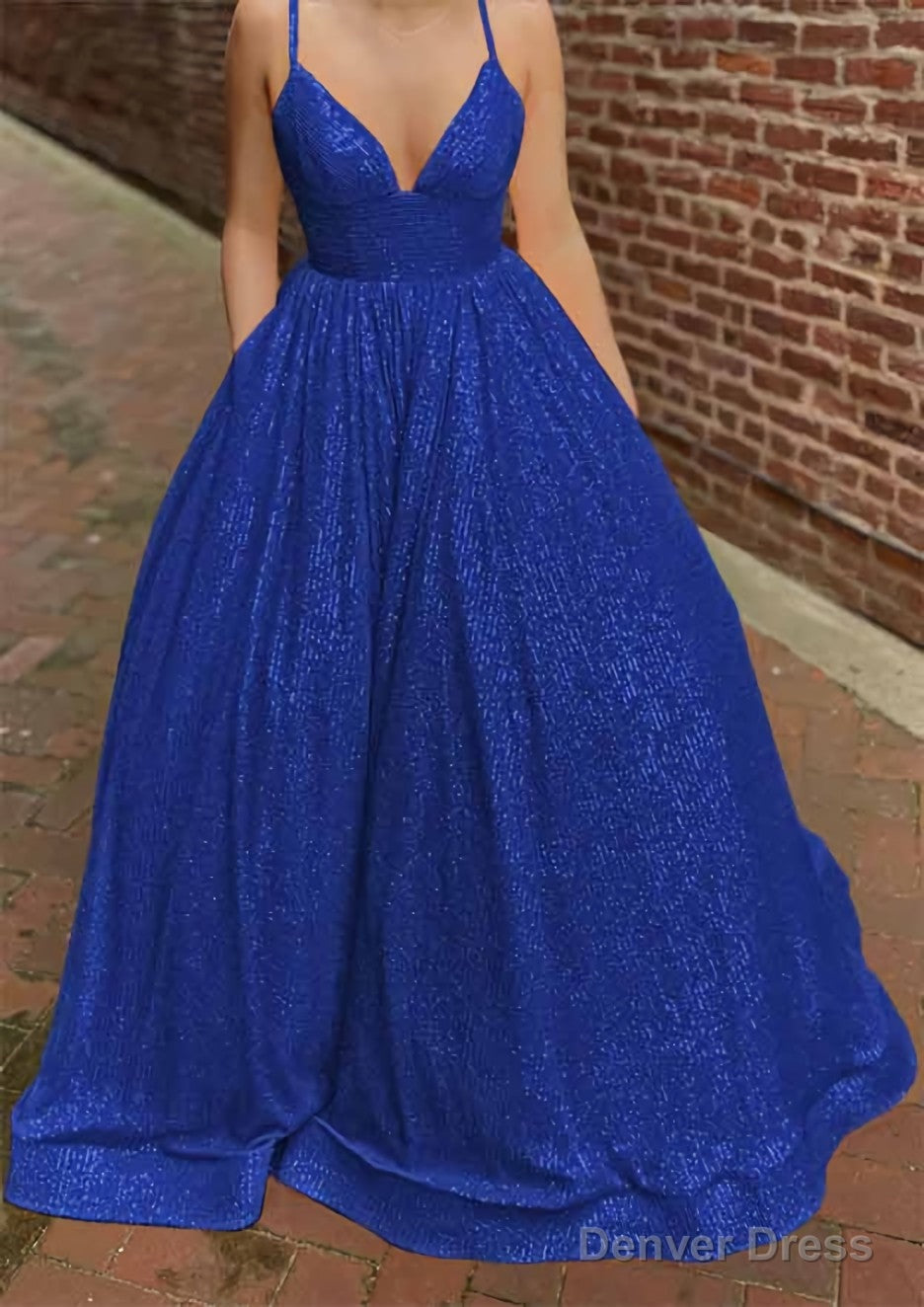 A Line V Neck Sleeveless Sweep Train Sequined Prom Dresses with Pockets
