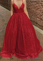 A Line V Neck Sleeveless Sweep Train Sequined Prom Dresses with Pockets