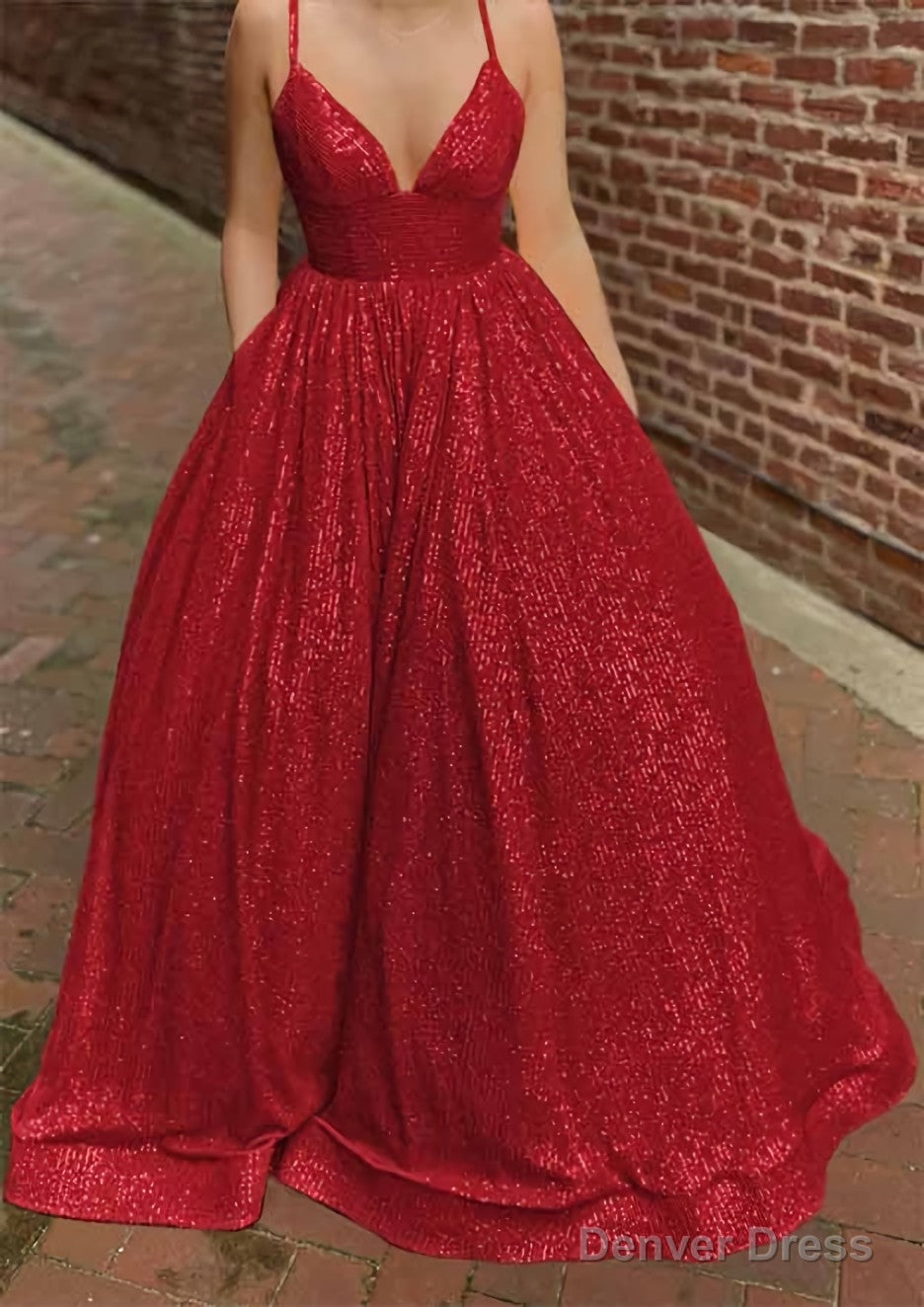 A Line V Neck Sleeveless Sweep Train Sequined Prom Dresses with Pockets