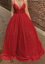 A Line V Neck Sleeveless Sweep Train Sequined Prom Dresses with Pockets