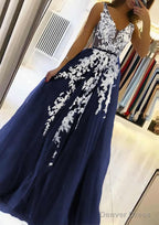 A-line V Neck Sleeveless Sweep Train Tulle Prom Dresses With Beading Lace
