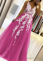 A-line V Neck Sleeveless Sweep Train Tulle Prom Dresses With Beading Lace