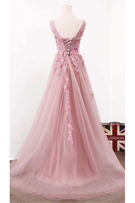 A Line V Neck Sleeveless Tulle Long with Flowers Party Prom Dress Secondary image