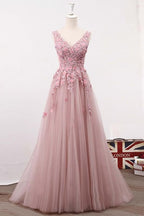 A Line V Neck Sleeveless Tulle Long with Flowers Party Prom Dress