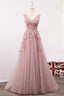 A Line V Neck Sleeveless Tulle Long with Flowers Party Prom Dress