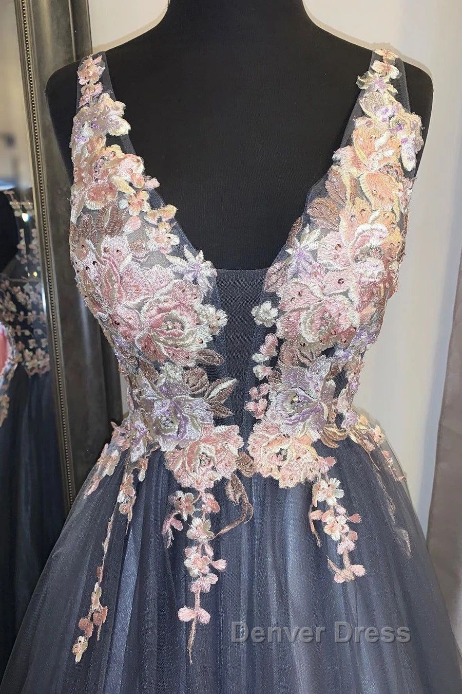 A Line V Neck Smoke Blue Long Prom Dress with Lace Appliques, Floral Smoke Blue Prom Graduation Prom Dresses Secondary image