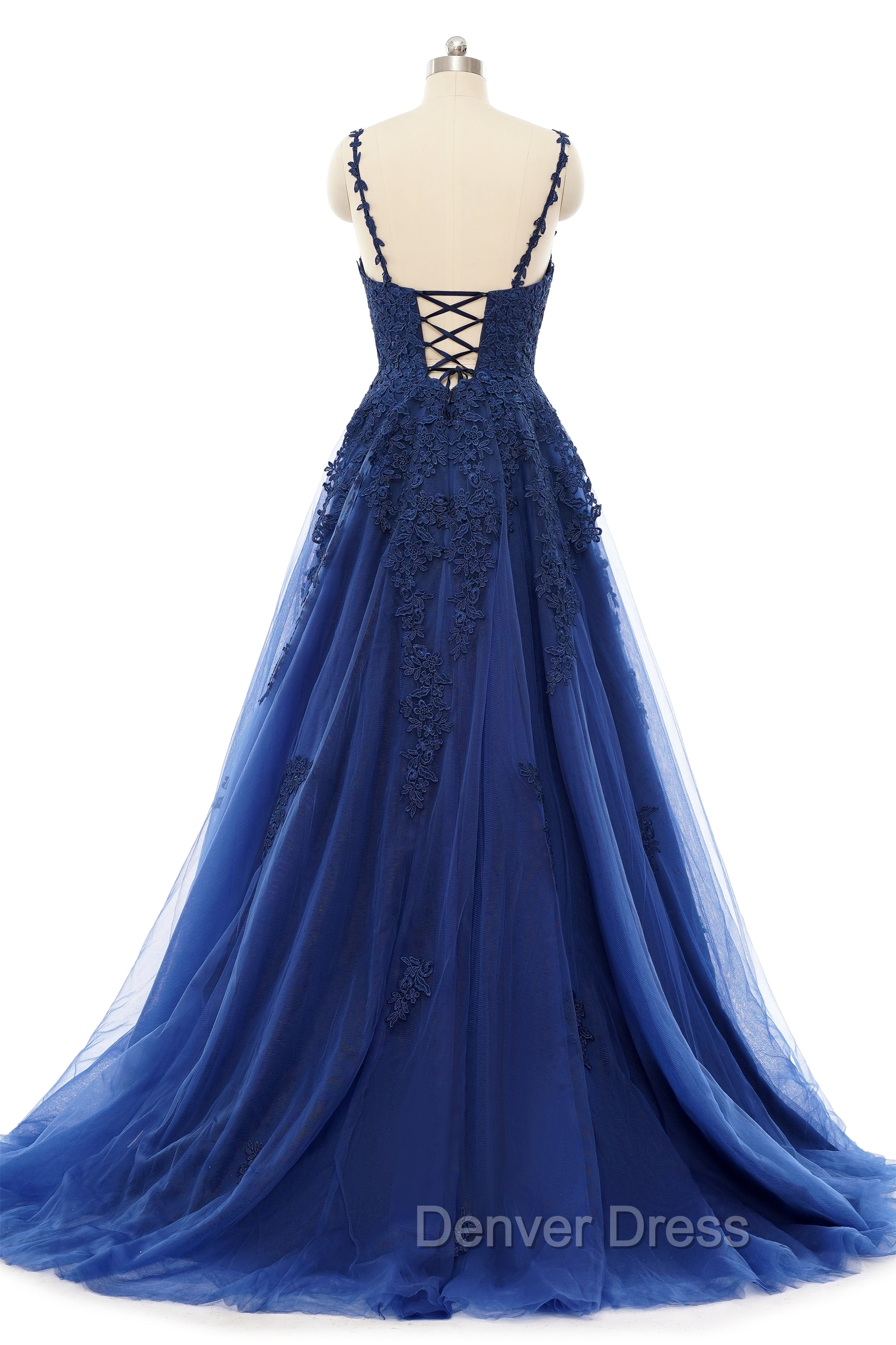 A-line V-neck Spaghetti strap Floor-length Sleeveless Backless Appliques Lace Elegant Prom Dresses Secondary image
