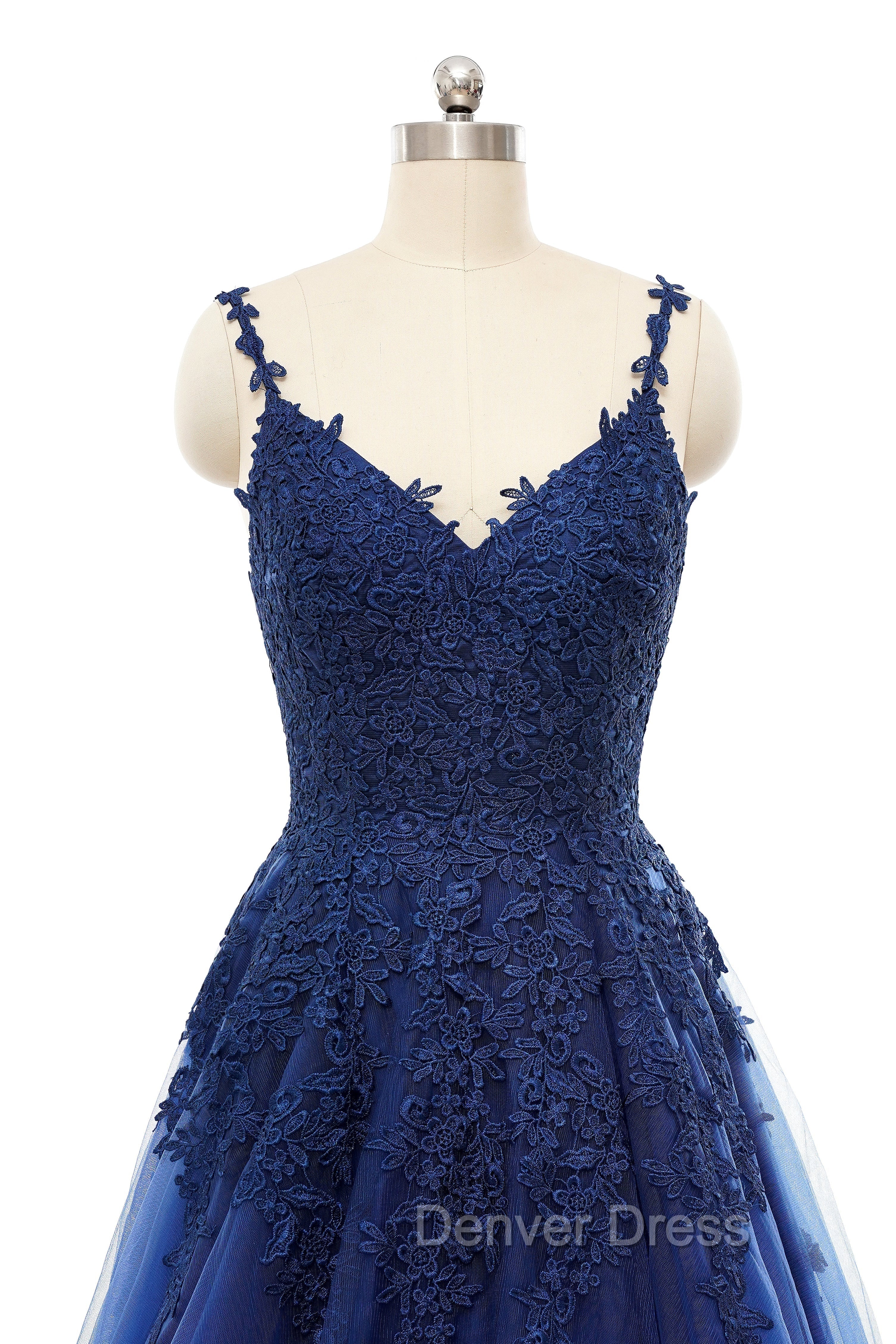 A-line V-neck Spaghetti strap Floor-length Sleeveless Backless Appliques Lace Elegant Prom Dresses