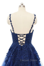 A-line V-neck Spaghetti strap Floor-length Sleeveless Backless Appliques Lace Elegant Prom Dresses