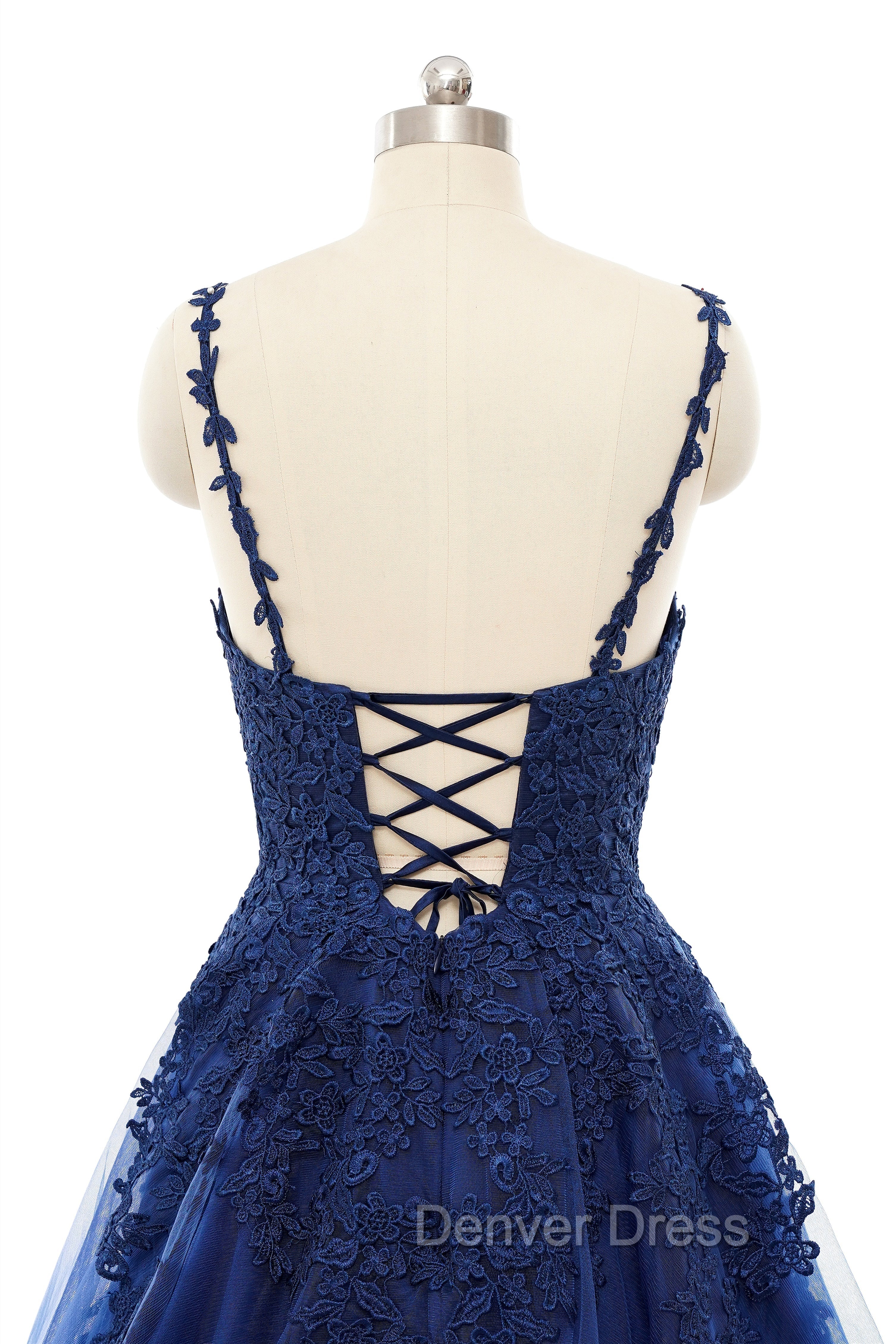 A-line V-neck Spaghetti strap Floor-length Sleeveless Backless Appliques Lace Elegant Prom Dresses