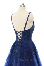 A Line V Neck Spaghetti strap Floor Length Sleeveless Backless Appliques Lace Elegant Prom Dresses