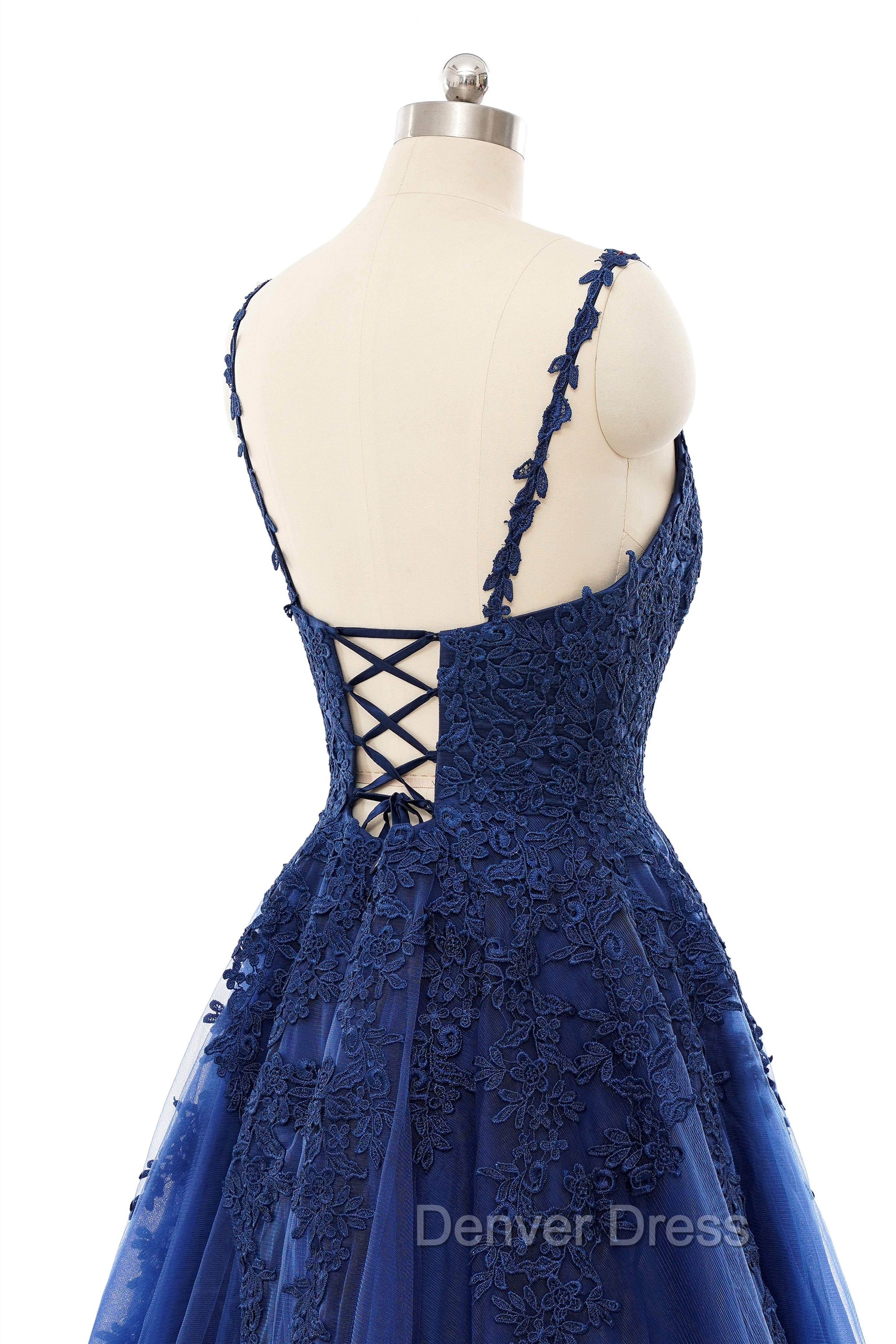A Line V Neck Spaghetti strap Floor Length Sleeveless Backless Appliques Lace Elegant Prom Dresses