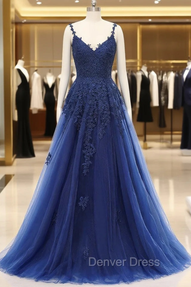 A-line V-neck Spaghetti strap Floor-length Sleeveless Backless Appliques Lace Elegant Prom Dresses Main image