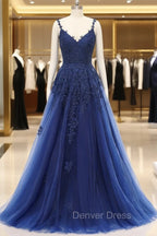 A-line V-neck Spaghetti strap Floor-length Sleeveless Backless Appliques Lace Elegant Prom Dresses