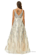 A-line V-neck Spaghetti strap Lace Floor-length Sleeveless Beading Prom Dresses