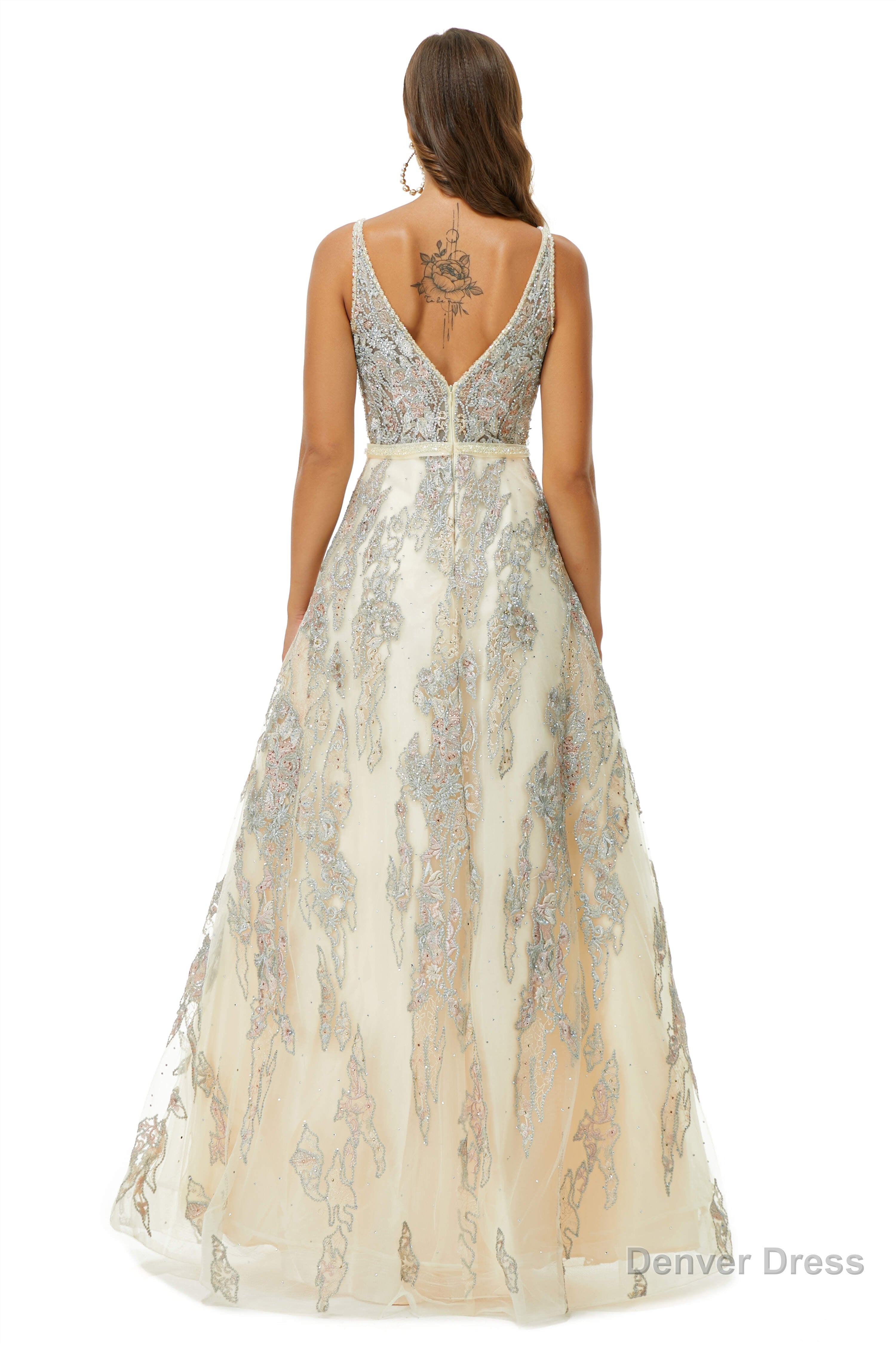 A-line V-neck Spaghetti strap Lace Floor-length Sleeveless Beading Prom Dresses