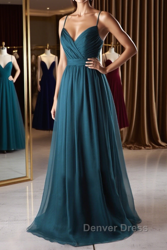 A Line V Neck Spaghetti Strap Peacock Blue Chiffon Long Prom Dress, V Neck Peacock Blue Prom Dress Graudation Prom Dress, Peacock Blue Bridesmaid Dresses Main image