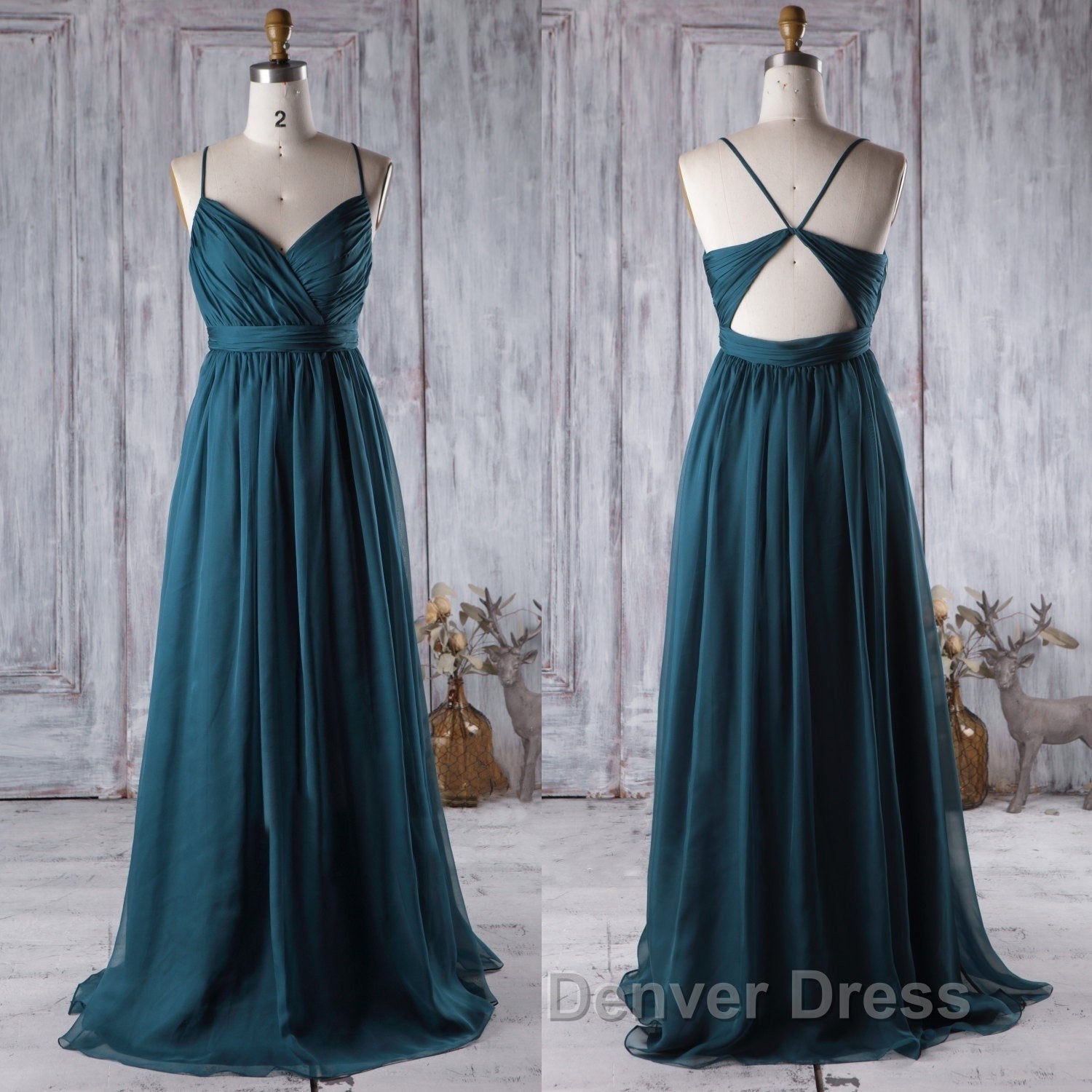 A Line V Neck Spaghetti Strap Peacock Blue Chiffon Long Prom Dress, V Neck Peacock Blue Prom Dress Graudation Prom Dress, Peacock Blue Bridesmaid Dresses Secondary image